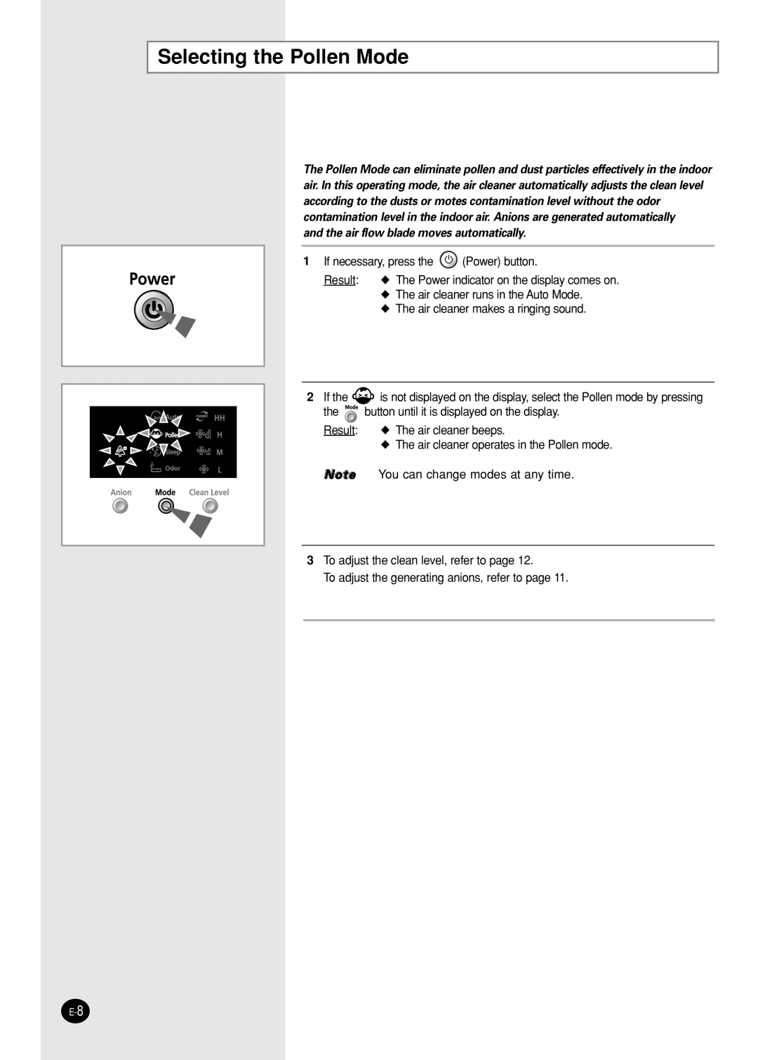 Samsung AC340B/XST manual Selecting the Pollen Mode, Air flow blade moves automatically 