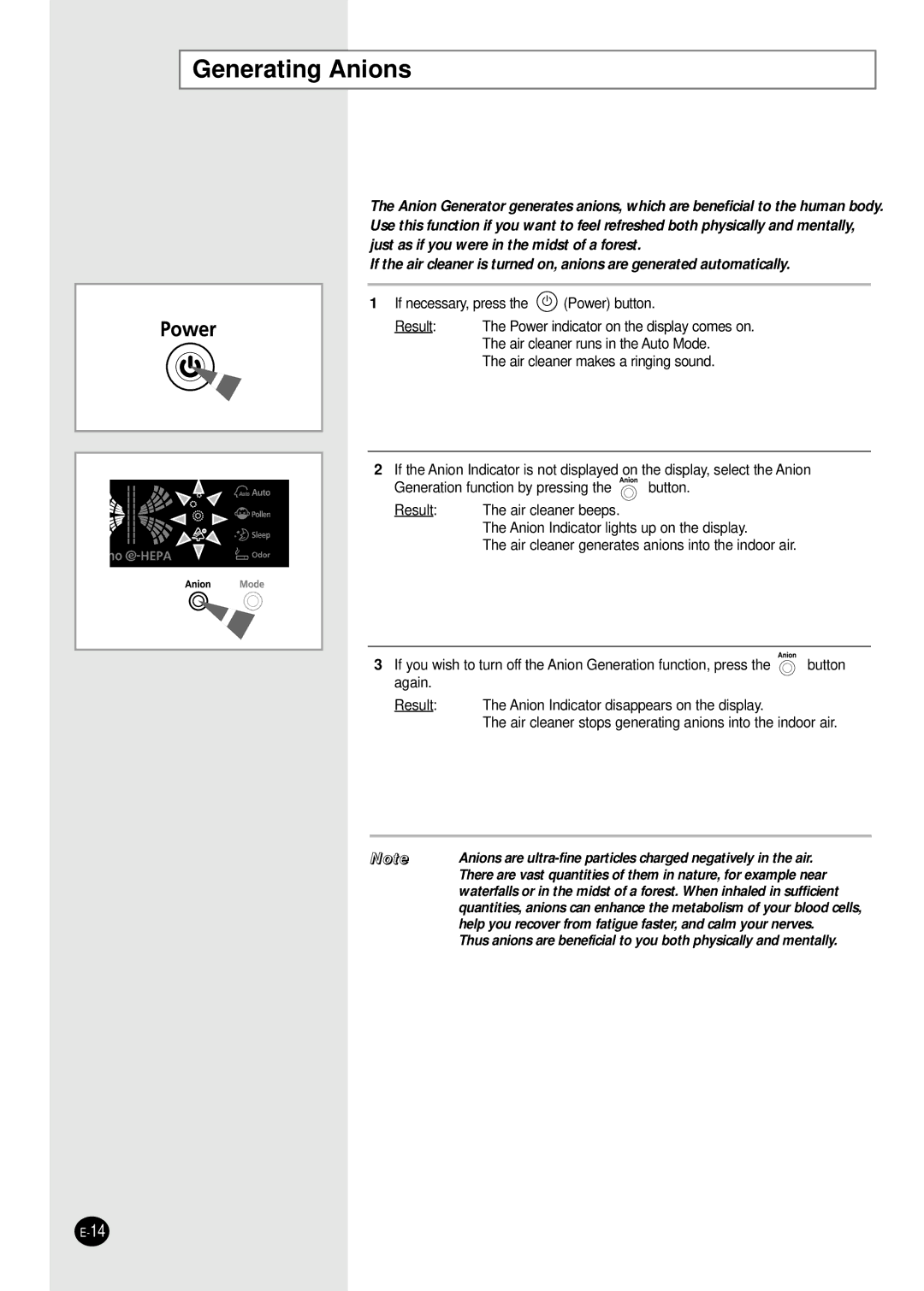 Samsung AC401B/MID, AC401BR/XSG manual Generating Anions 