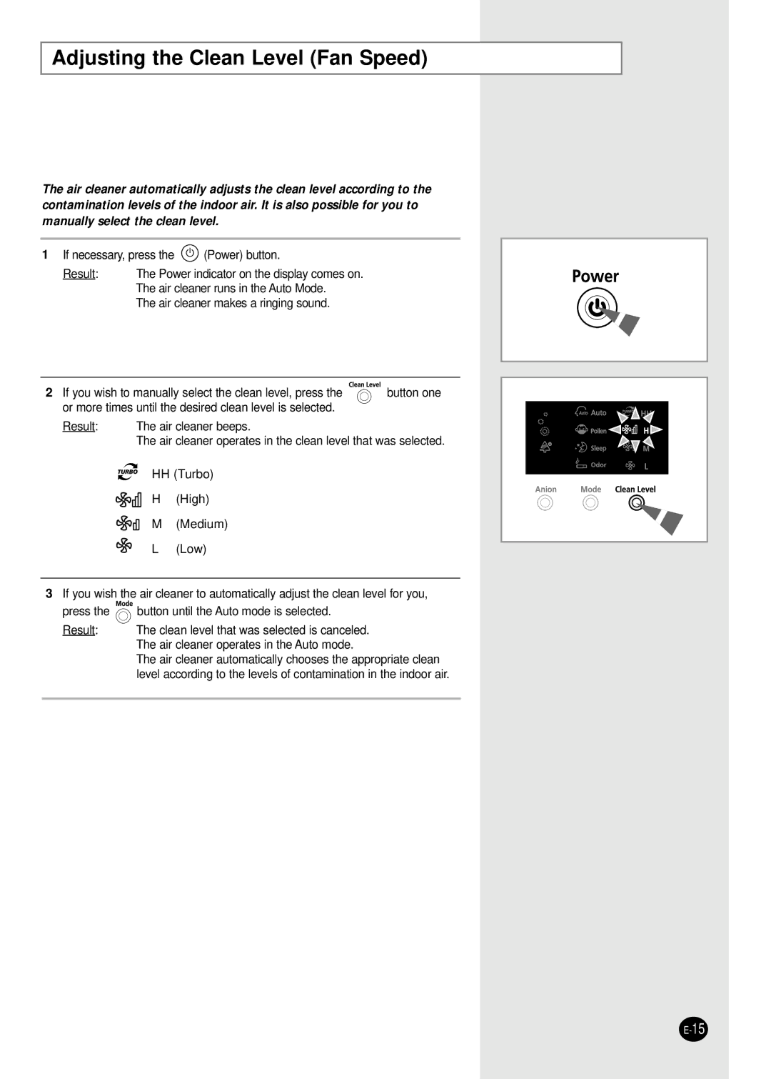 Samsung AC401BR/XSG, AC401B/MID manual Adjusting the Clean Level Fan Speed 