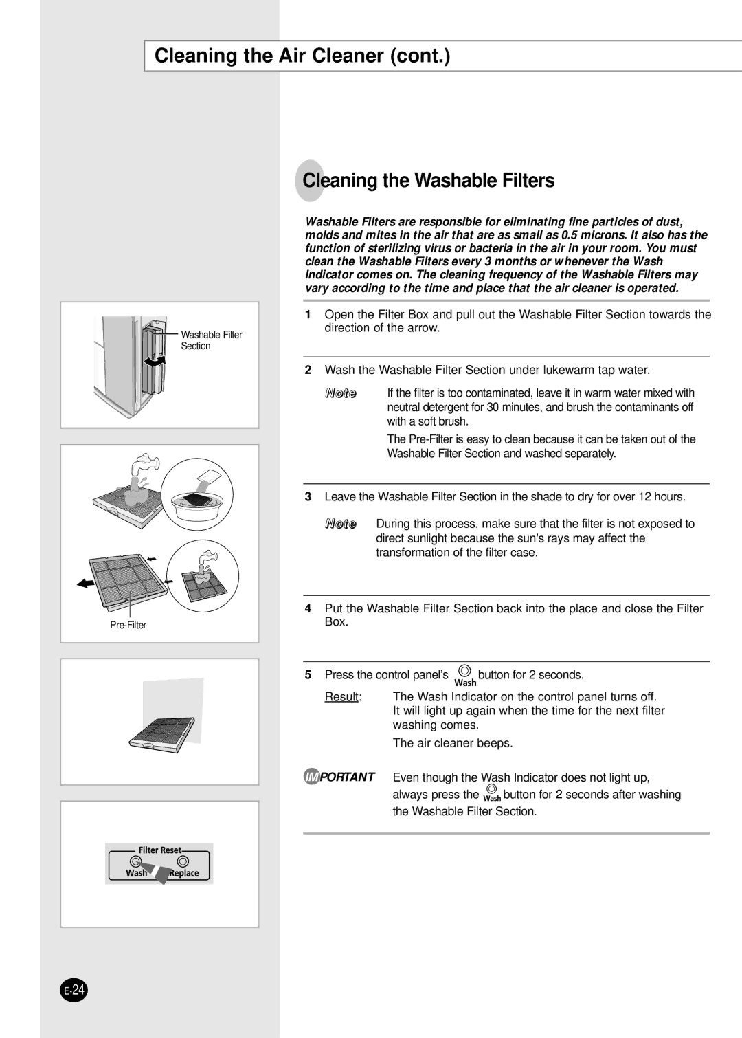 Samsung AC401B/MID, AC401BR/XSG manual Cleaning the Air Cleaner Cleaning the Washable Filters 