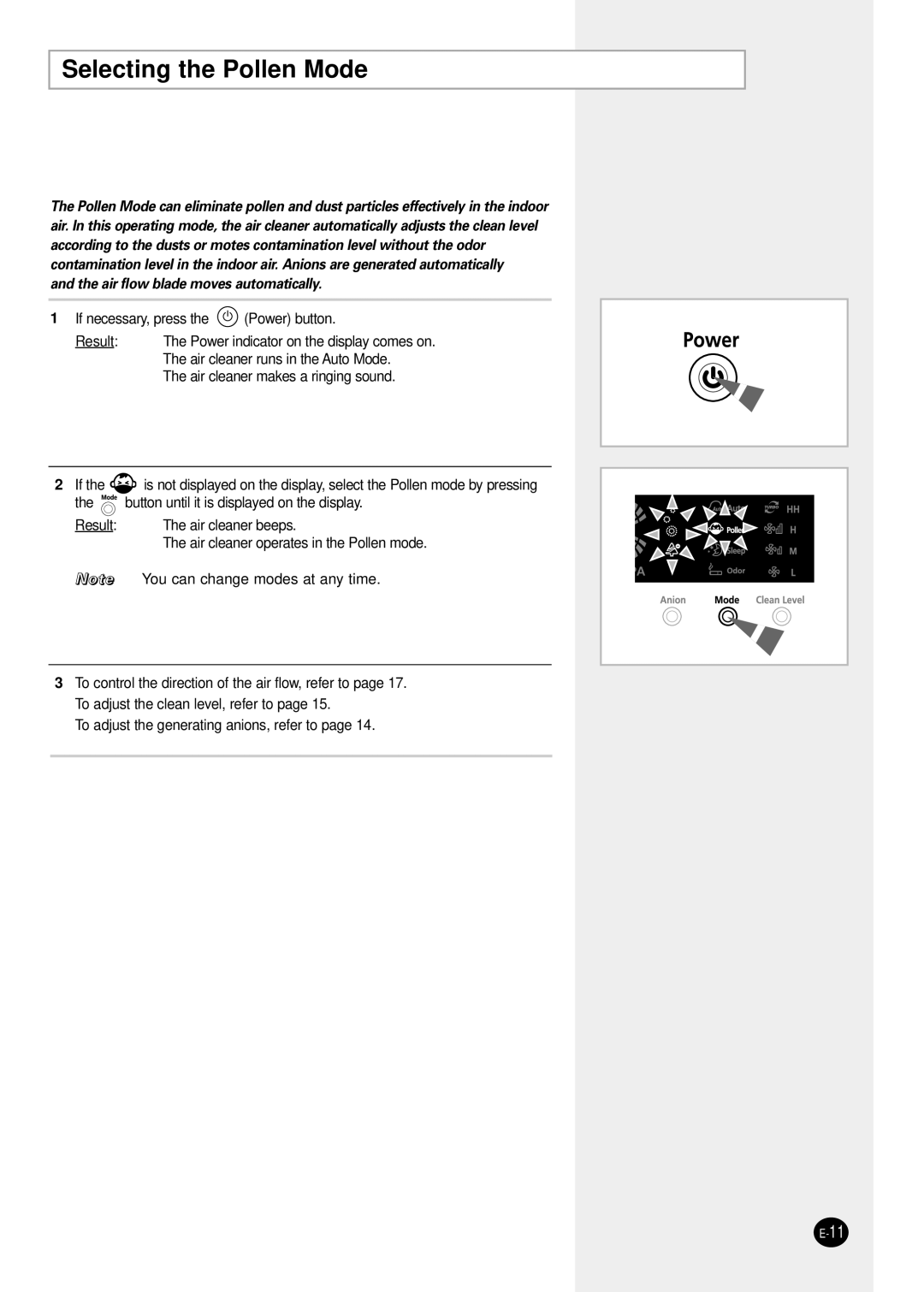 Samsung AC401BR/HAC manual Selecting the Pollen Mode, Air flow blade moves automatically 