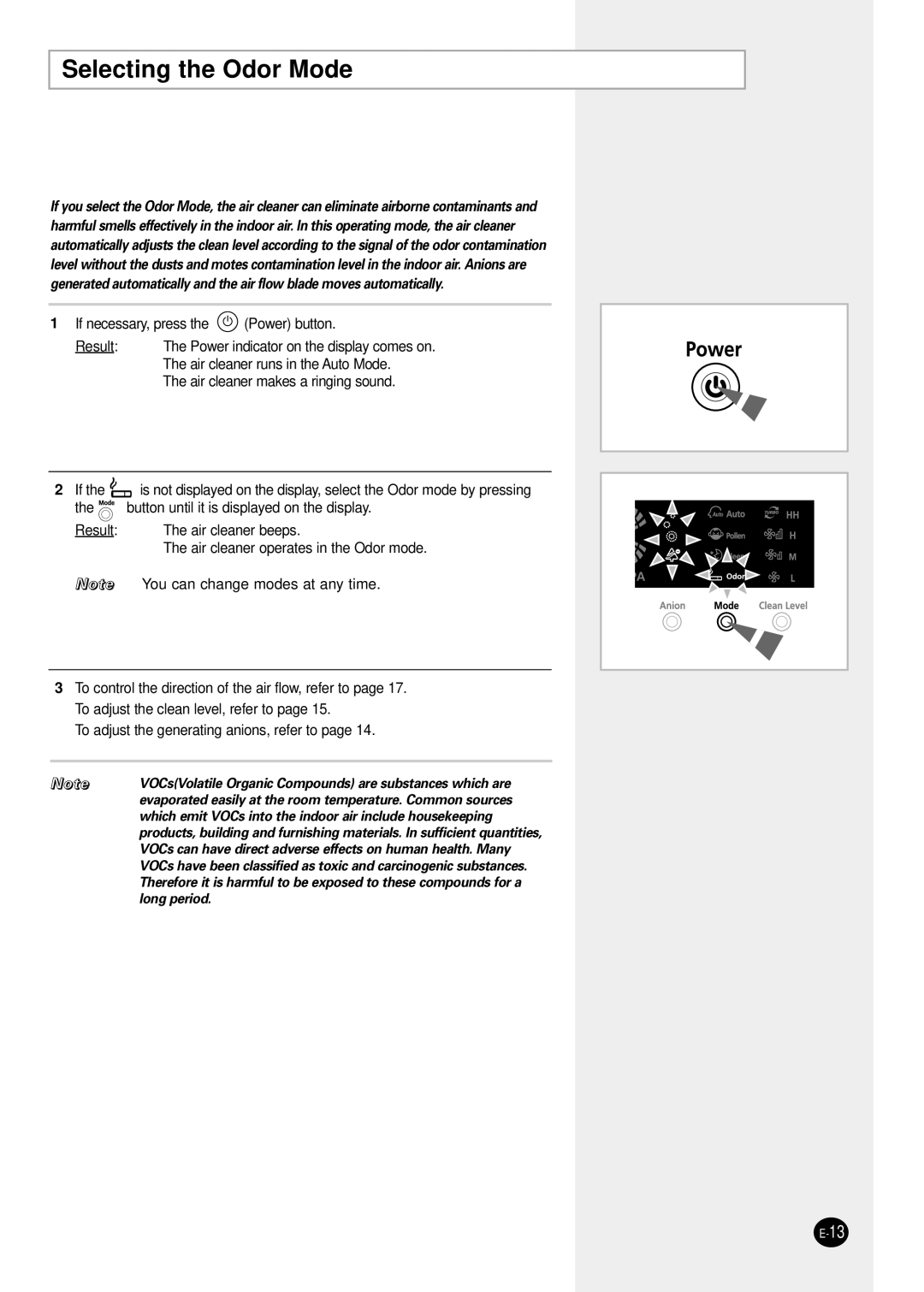 Samsung AC401BR/HAC manual Selecting the Odor Mode 