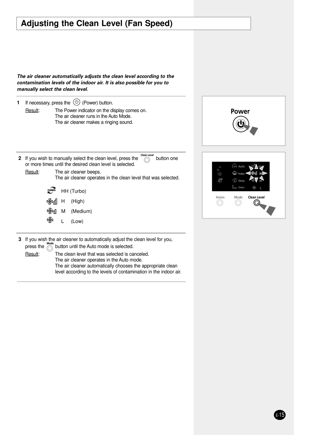 Samsung AC401BR/HAC manual Adjusting the Clean Level Fan Speed 