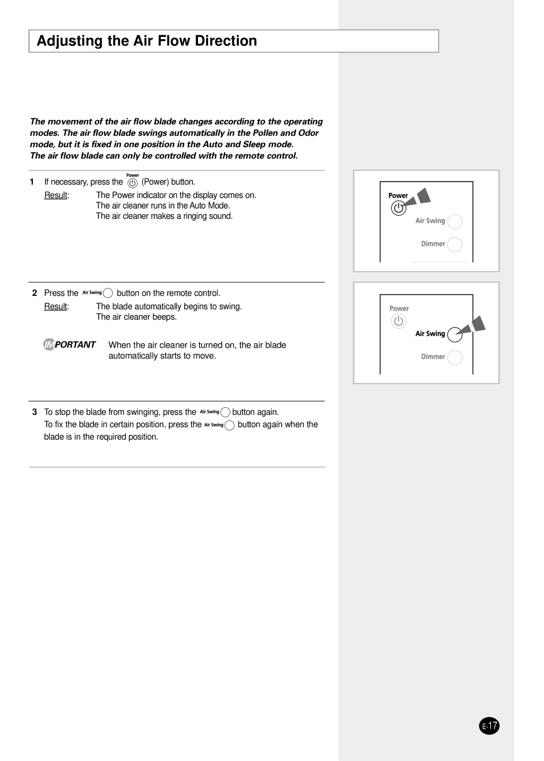 Samsung AC401BR/HAC manual Adjusting the Air Flow Direction 