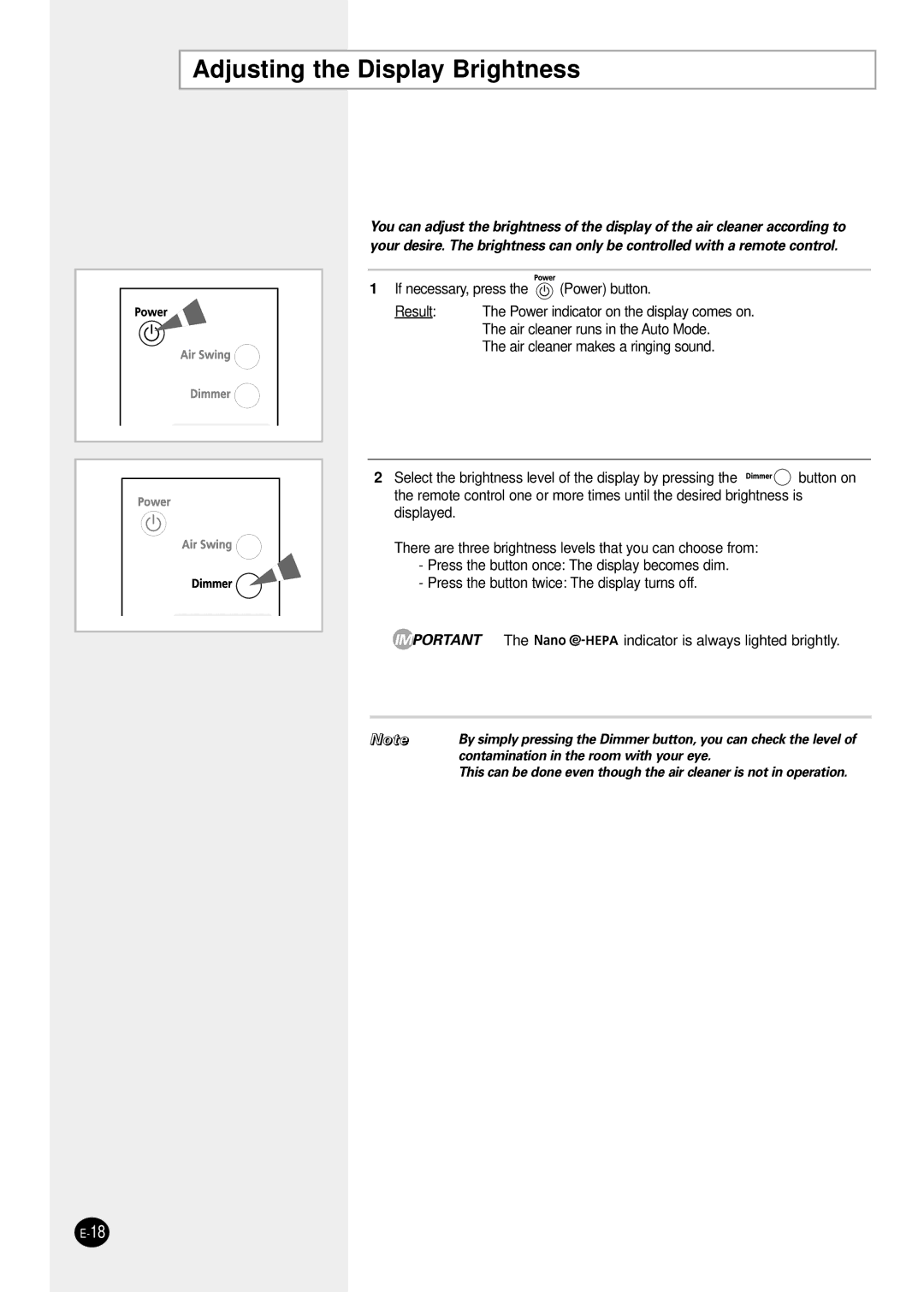 Samsung AC401BR/HAC manual Adjusting the Display Brightness 