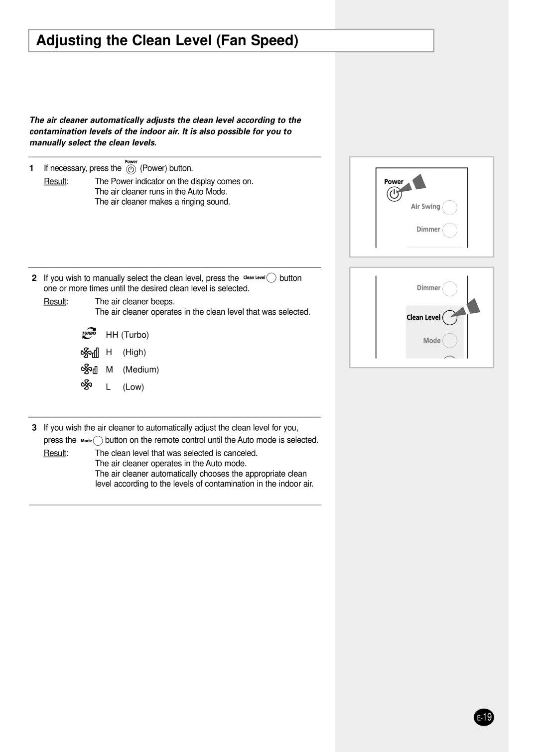 Samsung AC401BR/HAC manual Adjusting the Clean Level Fan Speed 