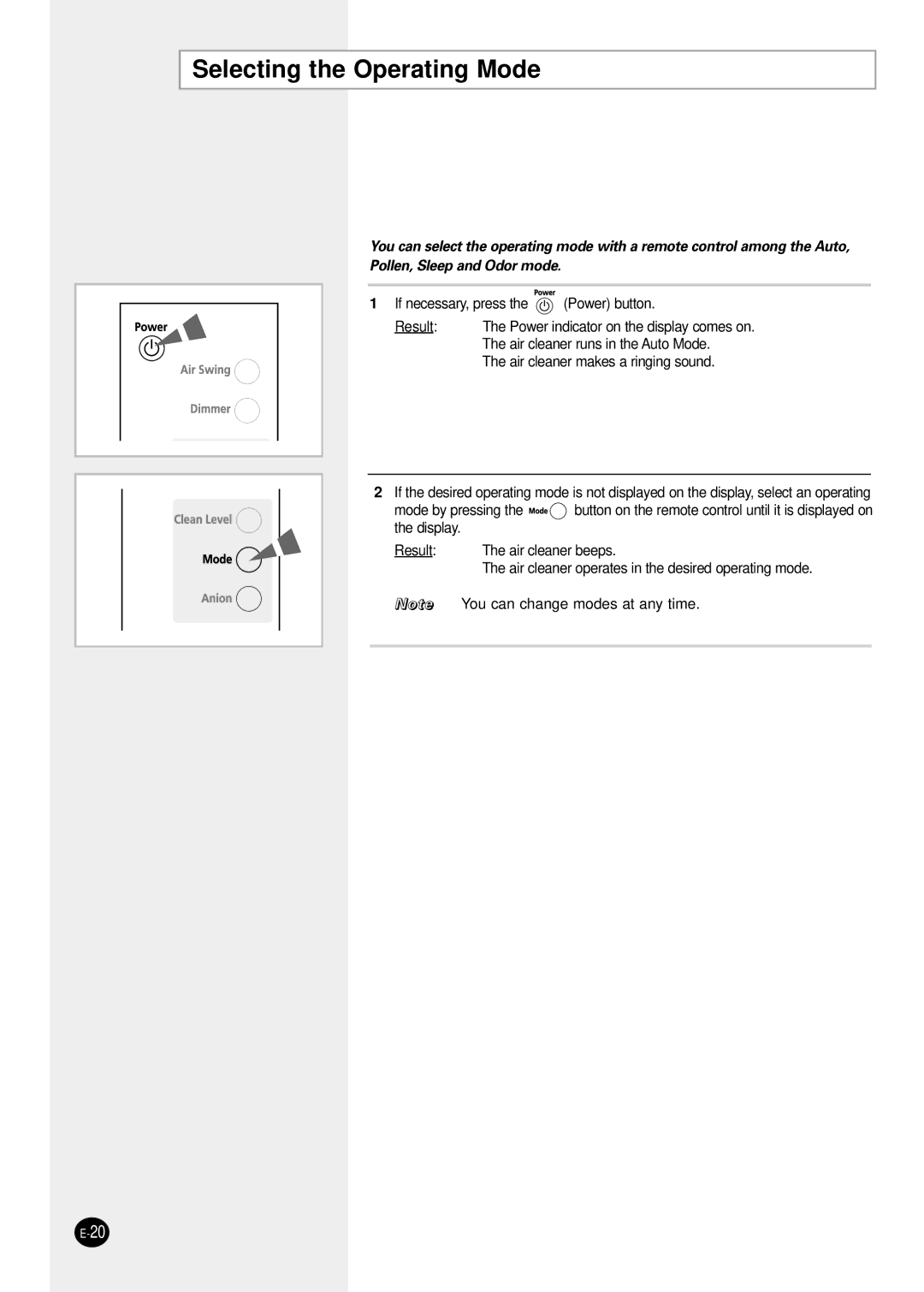 Samsung AC401BR/HAC manual Selecting the Operating Mode 