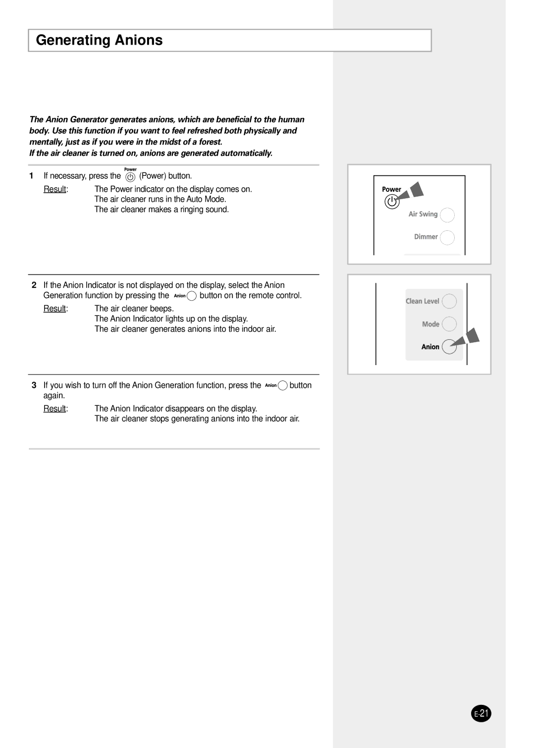 Samsung AC401BR/HAC manual Generating Anions 