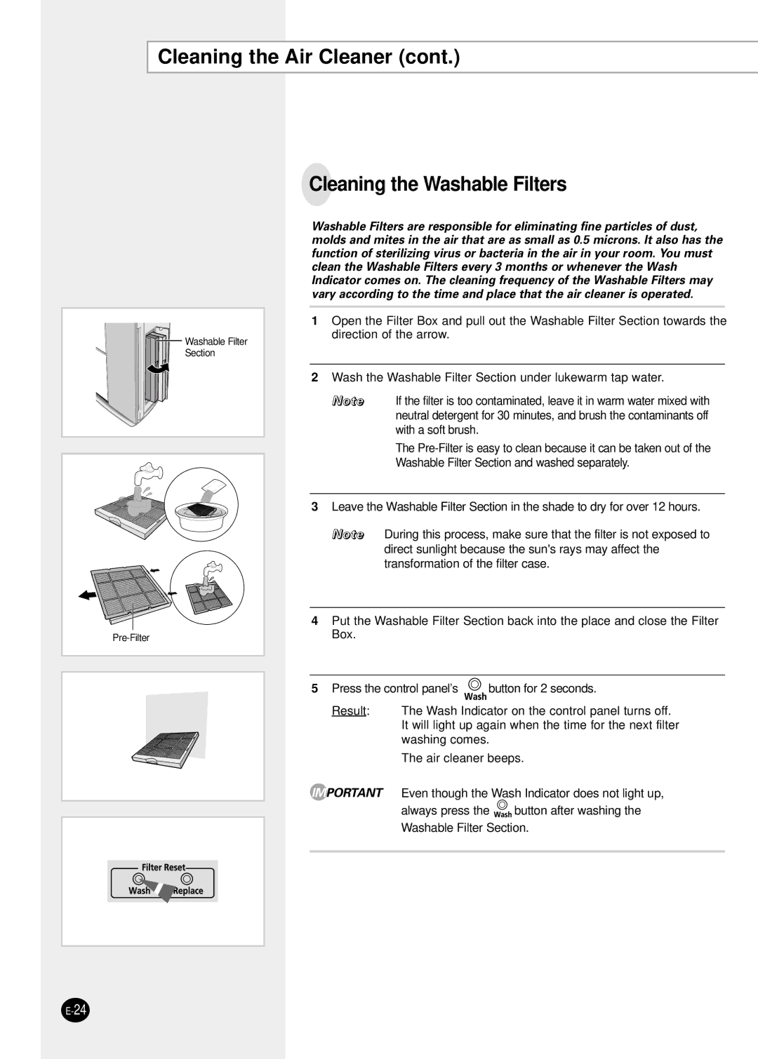 Samsung AC401BR/HAC manual Cleaning the Air Cleaner Cleaning the Washable Filters 