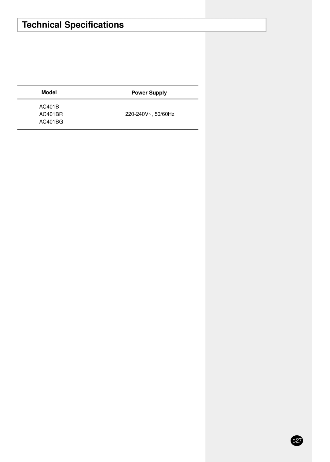 Samsung AC401BR/HAC manual Technical Specifications 