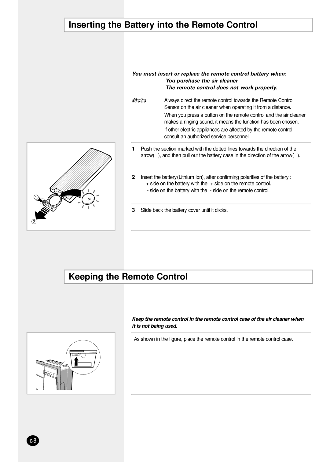 Samsung AC401BR/HAC manual Inserting the Battery into the Remote Control, Keeping the Remote Control 