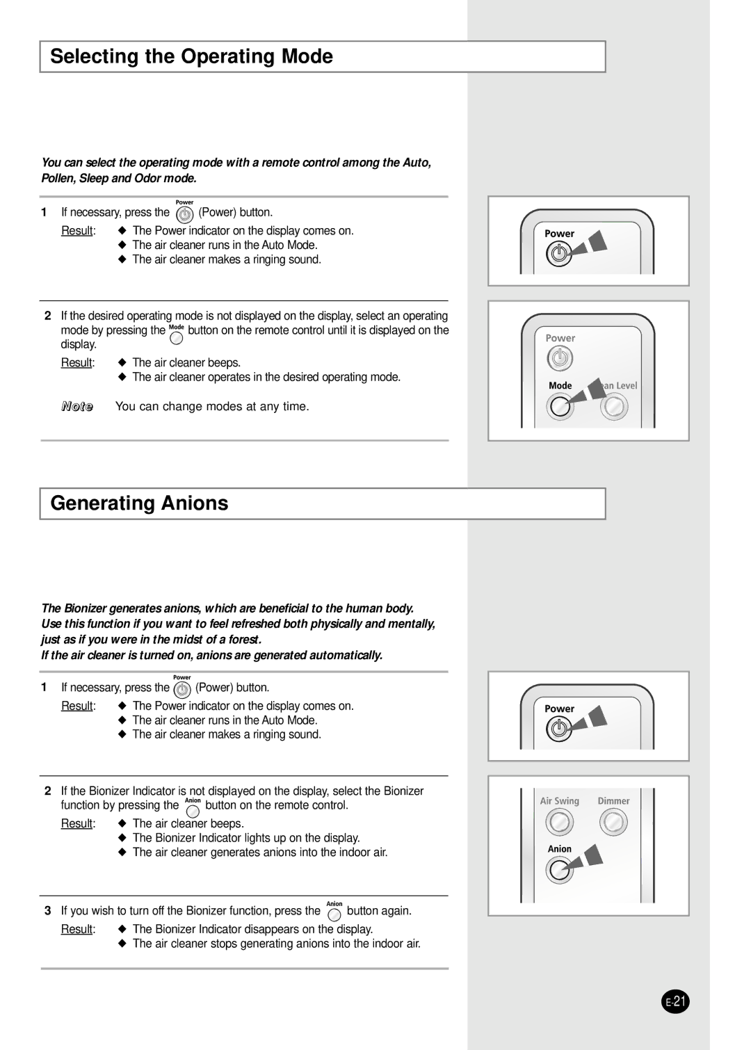 Samsung ACW340F/XSH, ACW340F/XSE manual Selecting the Operating Mode, Generating Anions 