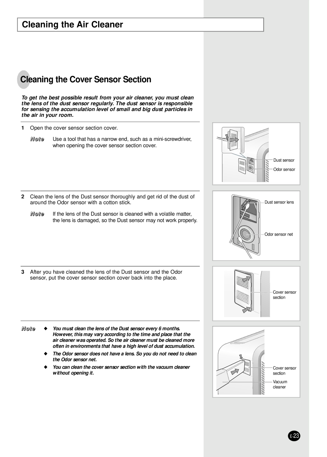 Samsung ACW340F/XSH, ACW340F/XSE manual Cleaning the Air Cleaner Cleaning the Cover Sensor Section 