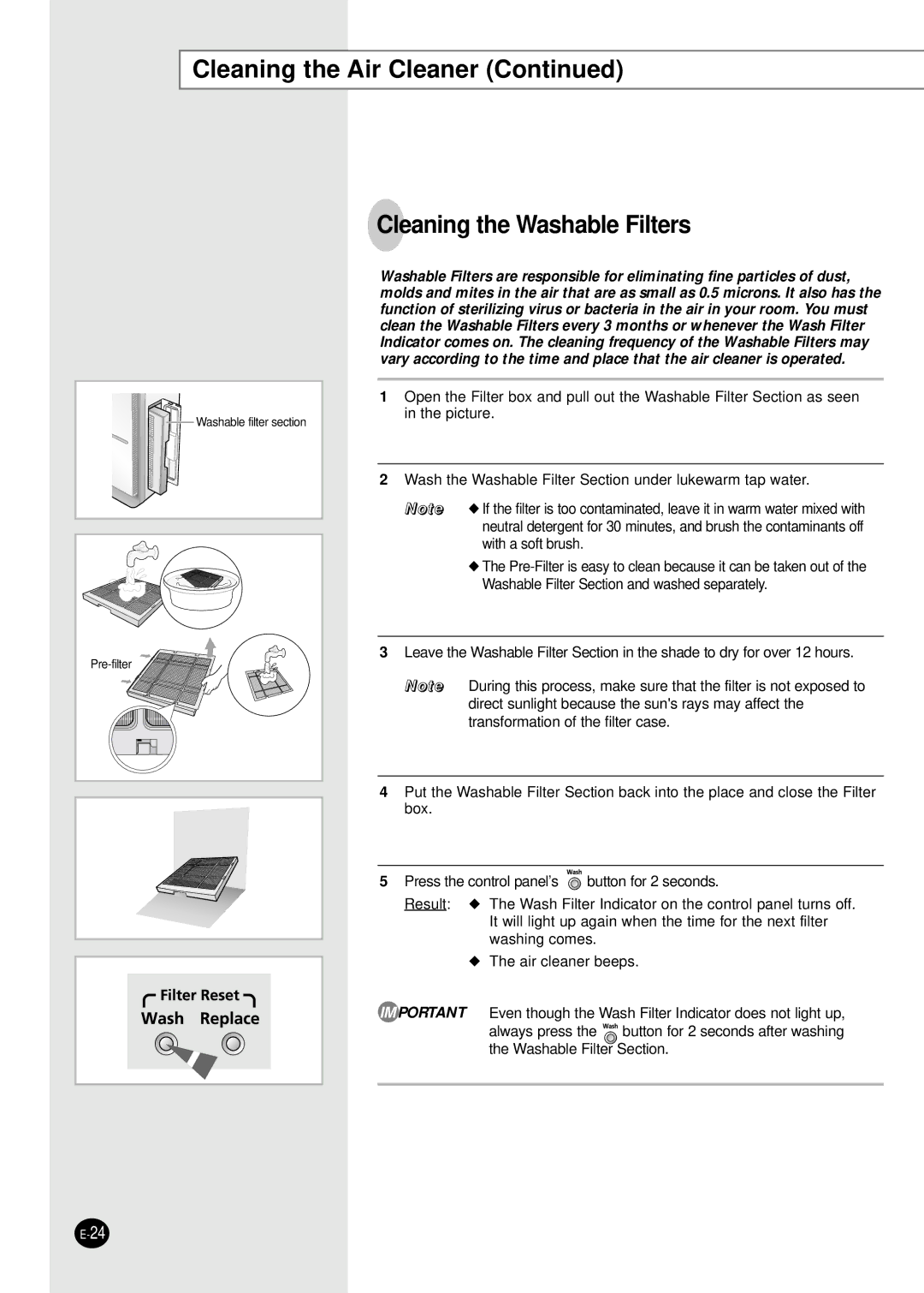 Samsung ACW340F/XSE, ACW340F/XSH manual Cleaning the Air Cleaner, Cleaning the Washable Filters 