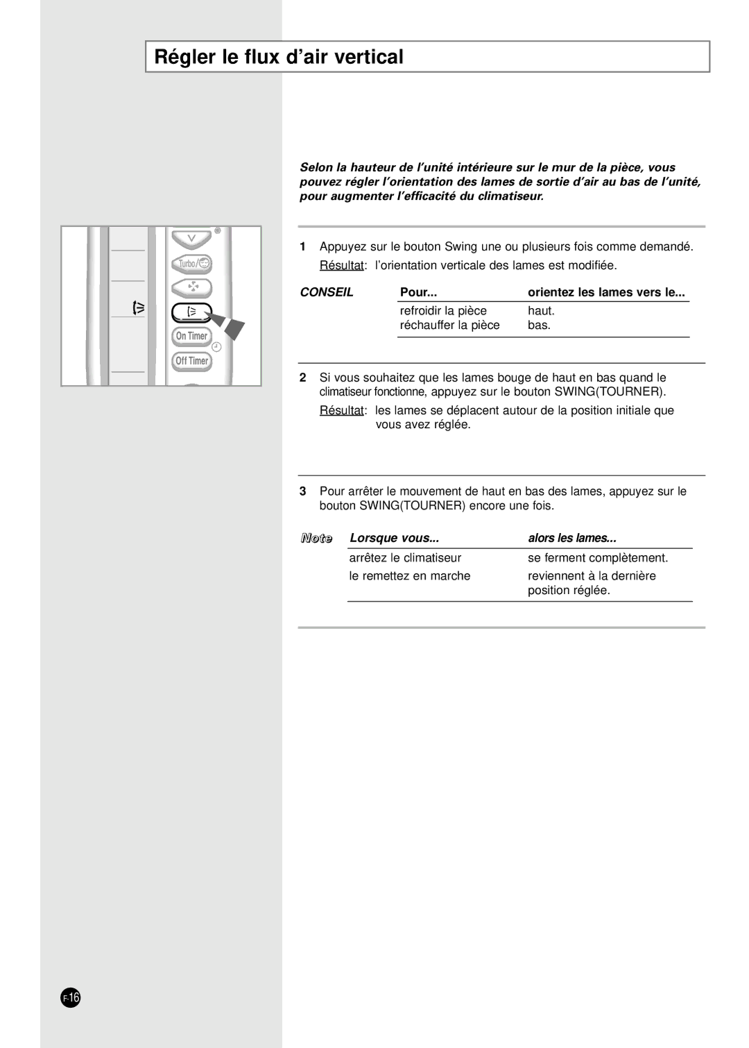 Samsung AD18B1(B2)(C1)(C2)E09, AD24B1(B2)(C1)(C2)E12 manuel dutilisation Régler le flux d’air vertical, Pour 