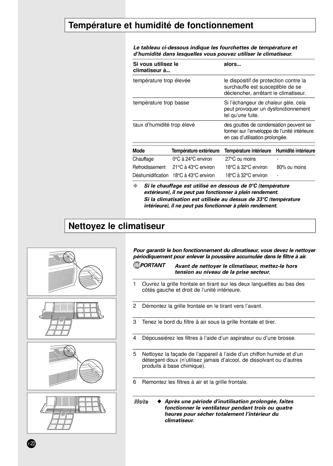 Samsung AD18B1(B2)(C1)(C2)E09 manuel dutilisation Température et humidité de fonctionnement, Nettoyez le climatiseur, Mode 