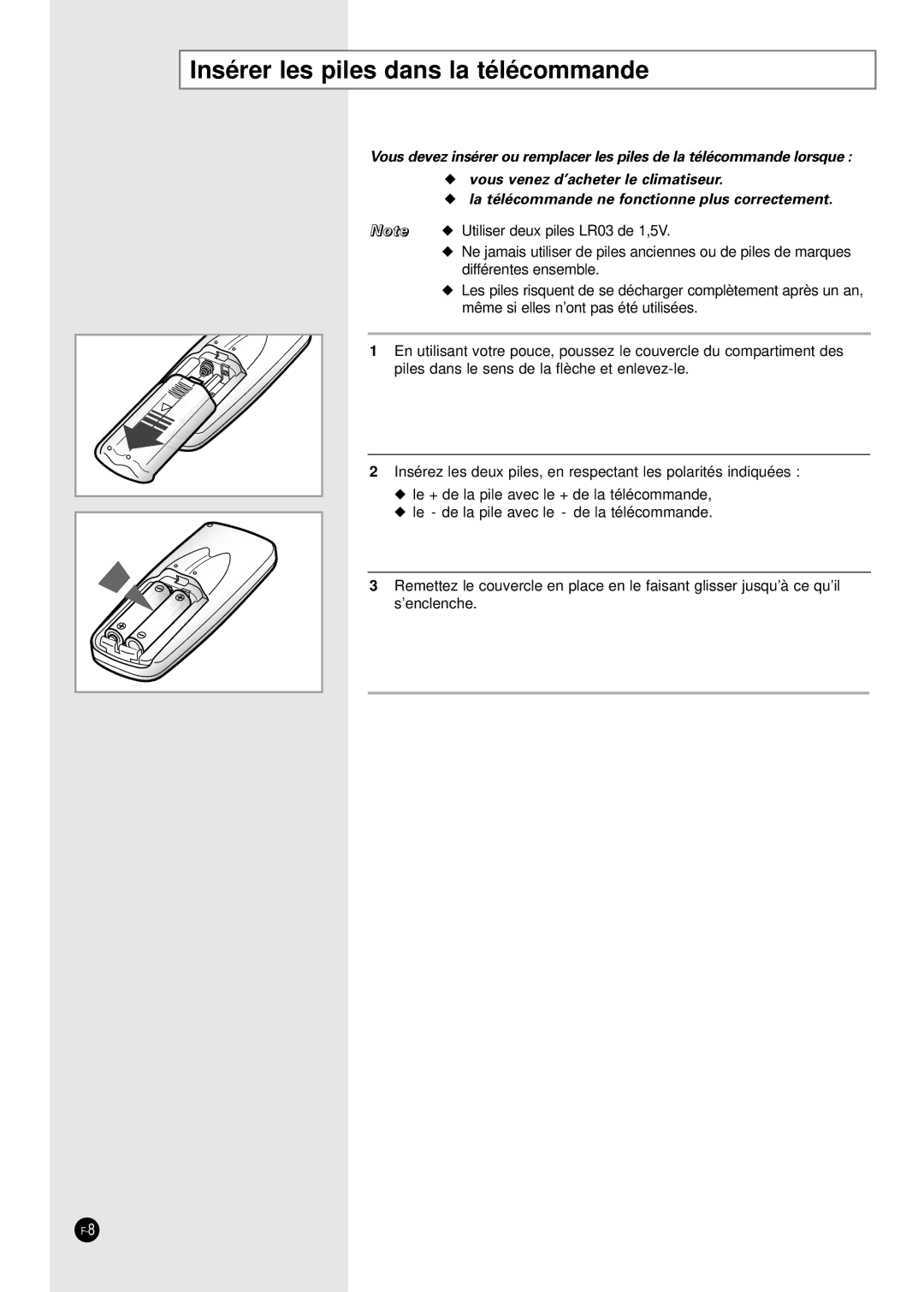 Samsung AD18B1(B2)(C1)(C2)E09, AD24B1(B2)(C1)(C2)E12 manuel dutilisation Insérer les piles dans la télécommande 