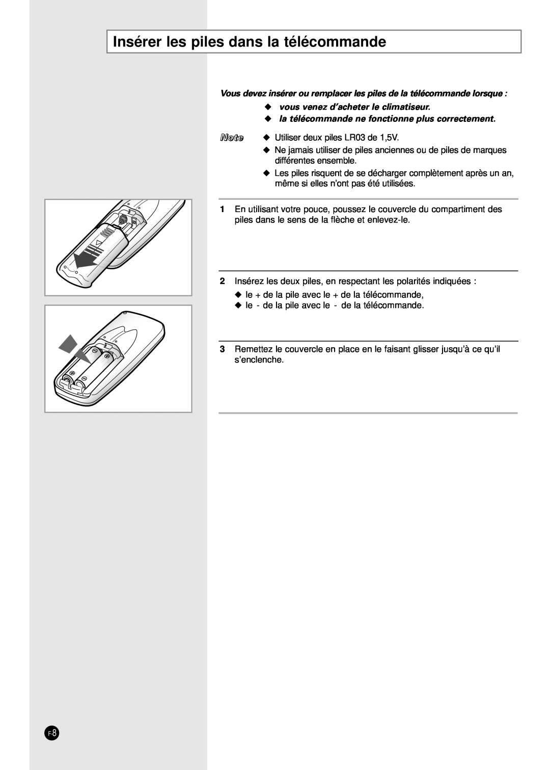 Samsung AD18B1(B2)(C1)(C2)E09 Insérer les piles dans la télécommande, vous venez d’acheter le climatiseur 