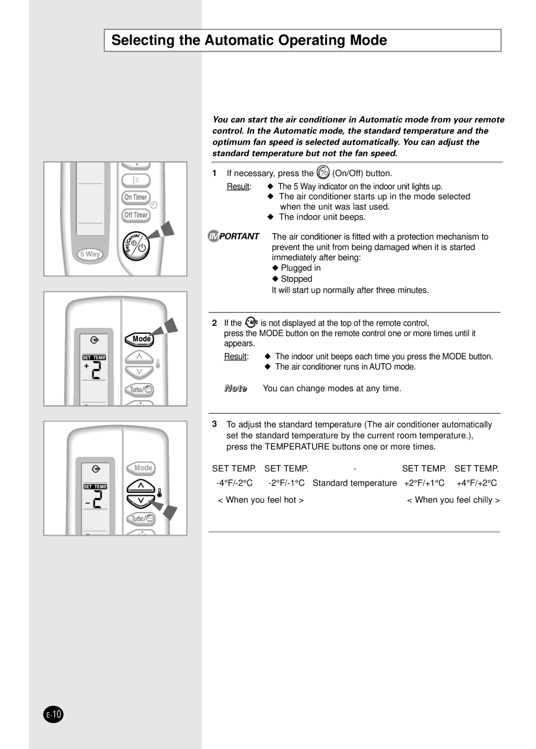 Samsung AD18B1C09 installation manual Selecting the Automatic Operating Mode 