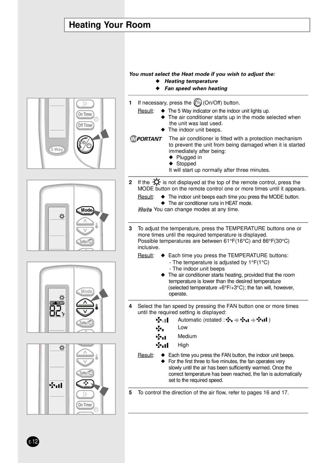 Samsung AD18B1C09 installation manual Heating Your Room 