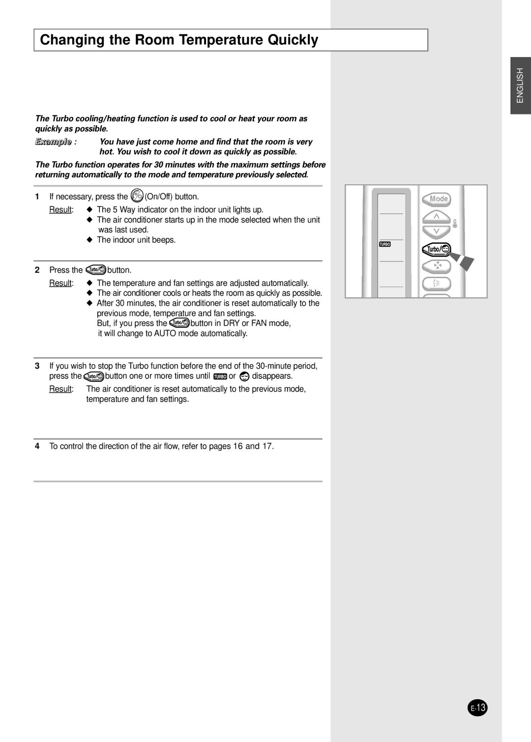 Samsung AD18B1C09 installation manual Changing the Room Temperature Quickly 