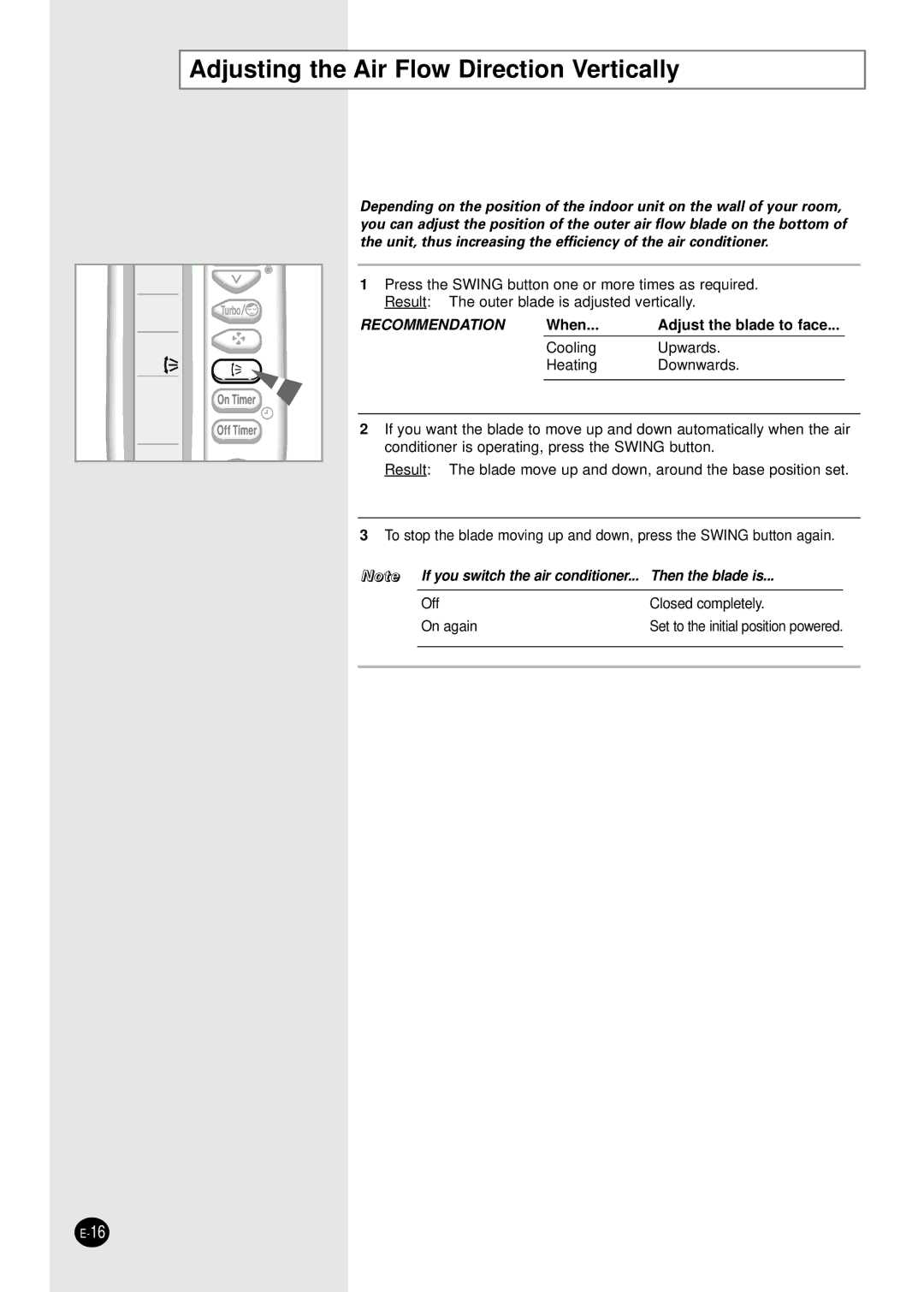 Samsung AD18B1C09 installation manual Adjusting the Air Flow Direction Vertically, When Adjust the blade to face 