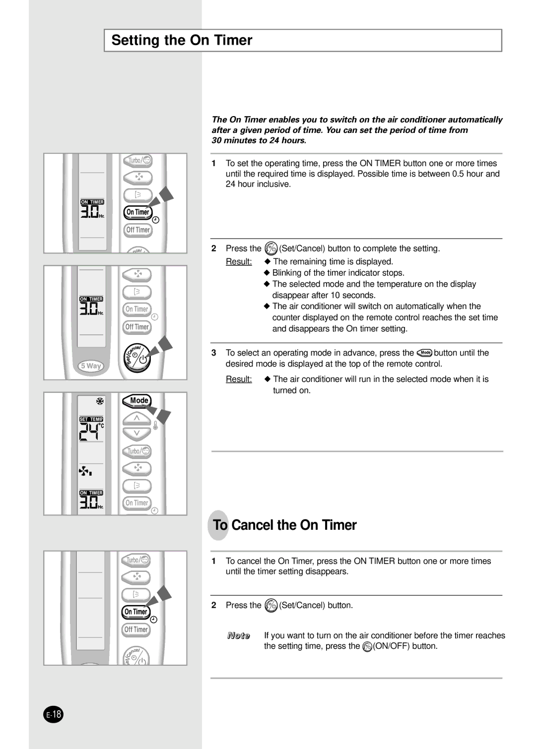 Samsung AD18B1C09 installation manual Setting the On Timer, To Cancel the On Timer 