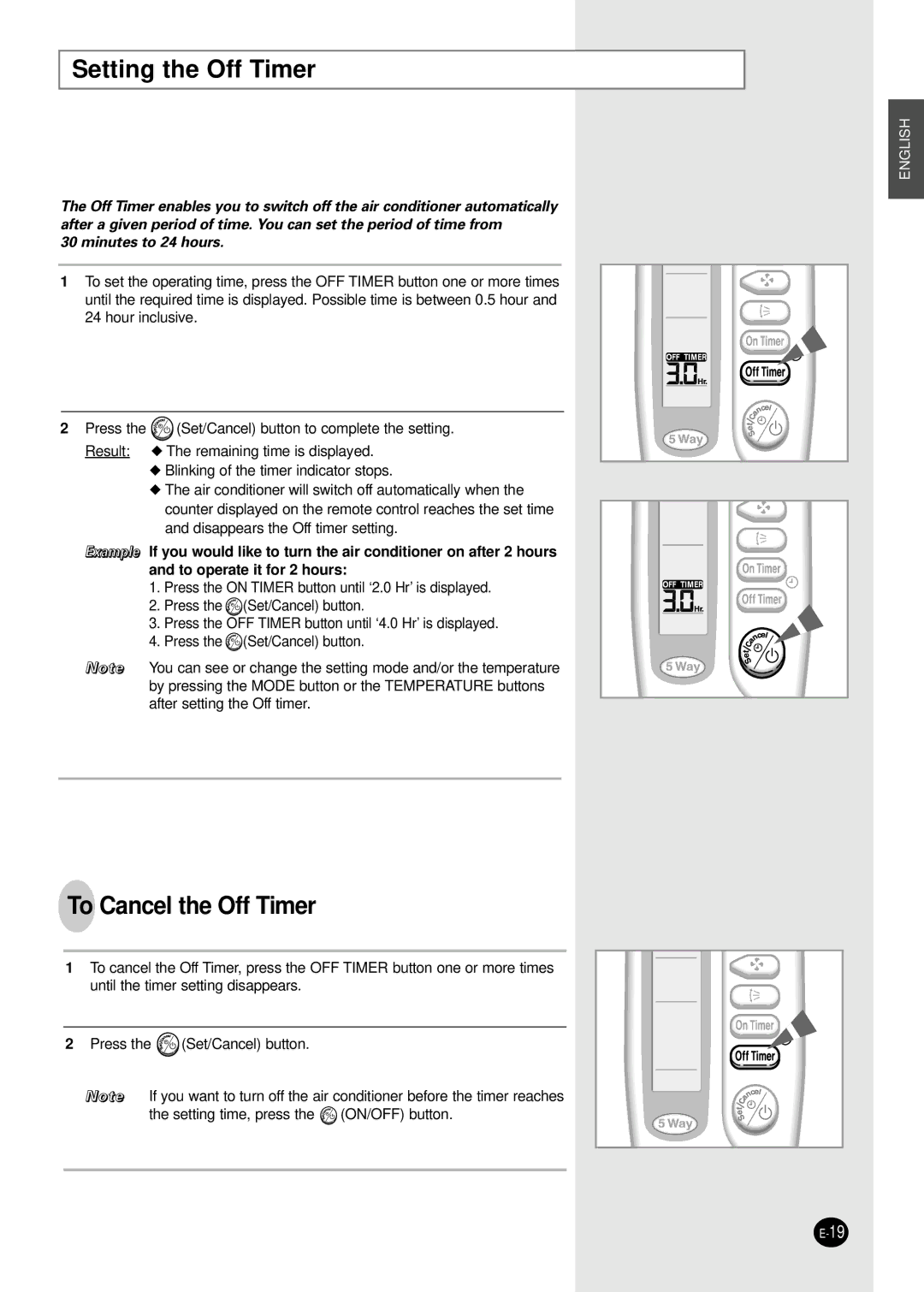 Samsung AD18B1C09 installation manual Setting the Off Timer, To Cancel the Off Timer 