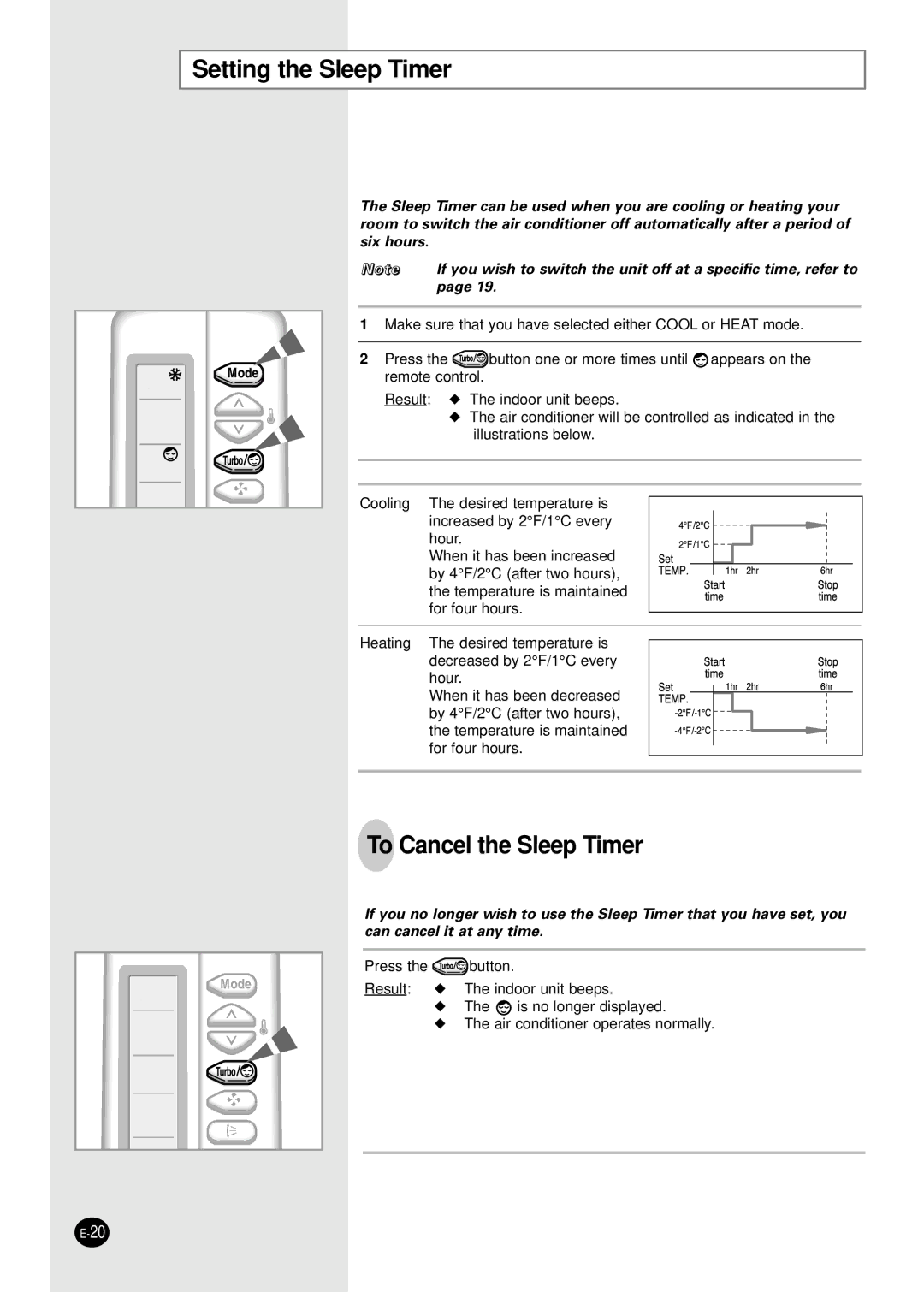 Samsung AD18B1C09 installation manual Setting the Sleep Timer, To Cancel the Sleep Timer 