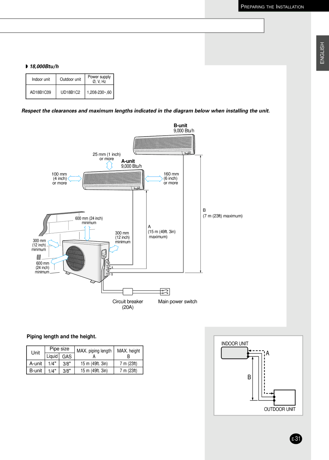 Samsung AD18B1C09 installation manual Unit, Piping length and the height 