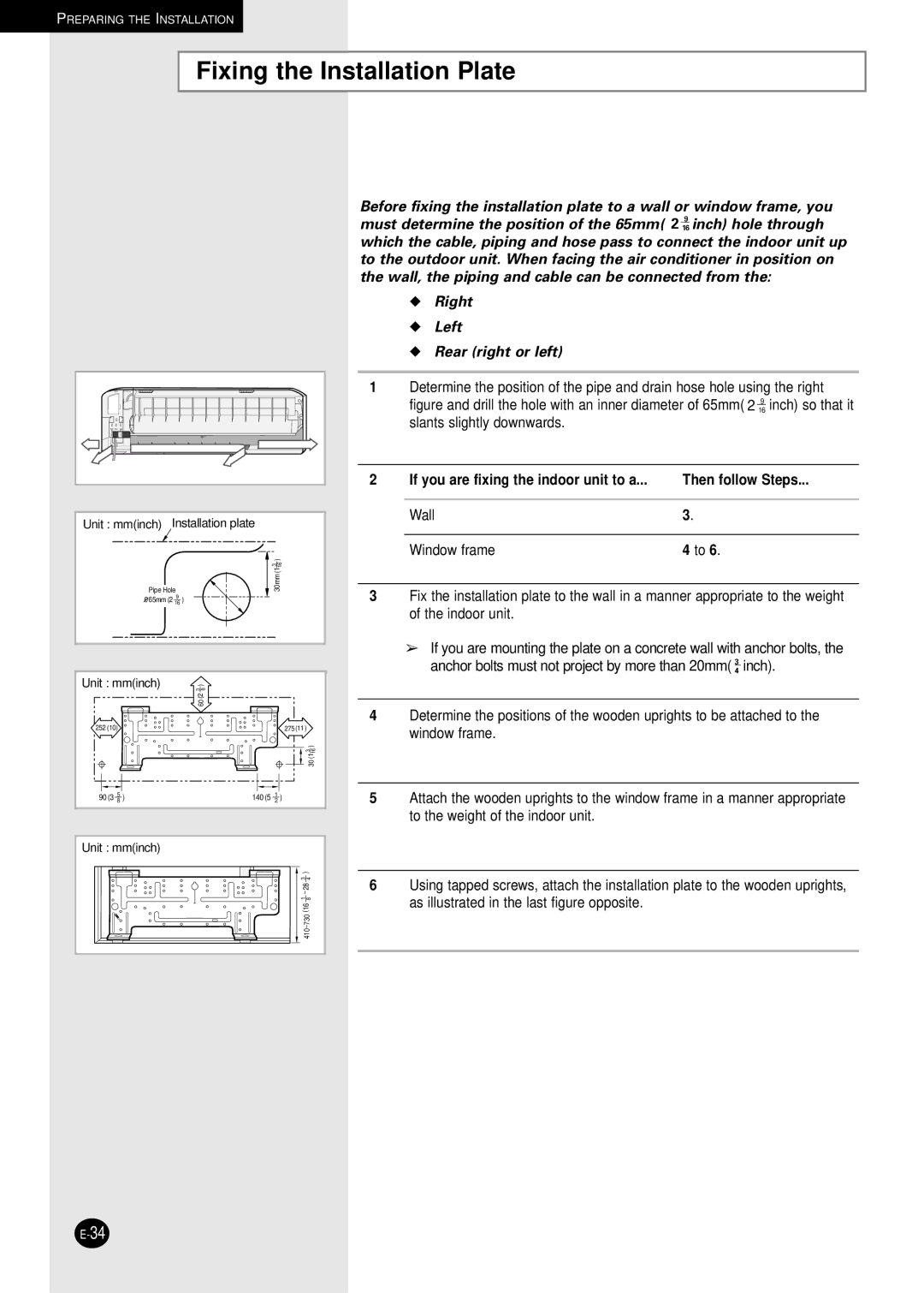 Samsung AD18B1C09 installation manual Fixing the Installation Plate, Then follow Steps, Wall Window frame 