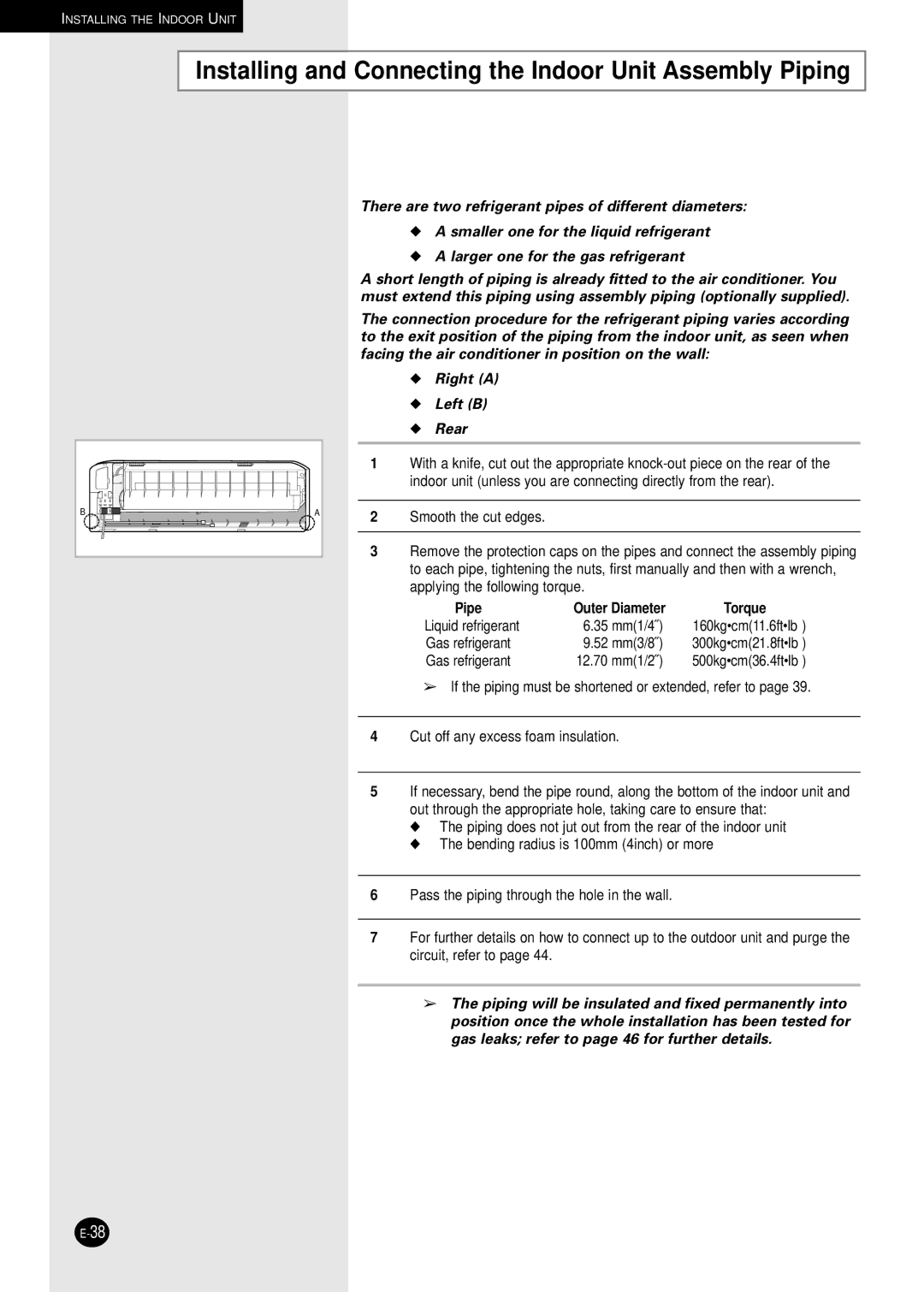 Samsung AD18B1C09 installation manual Installing and Connecting the Indoor Unit Assembly Piping, Pipe, Torque 