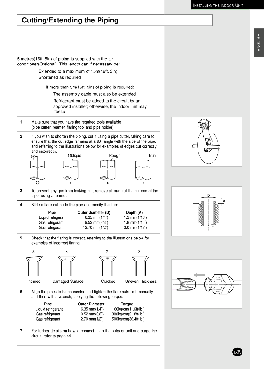 Samsung AD18B1C09 installation manual Cutting/Extending the Piping, Depth a 