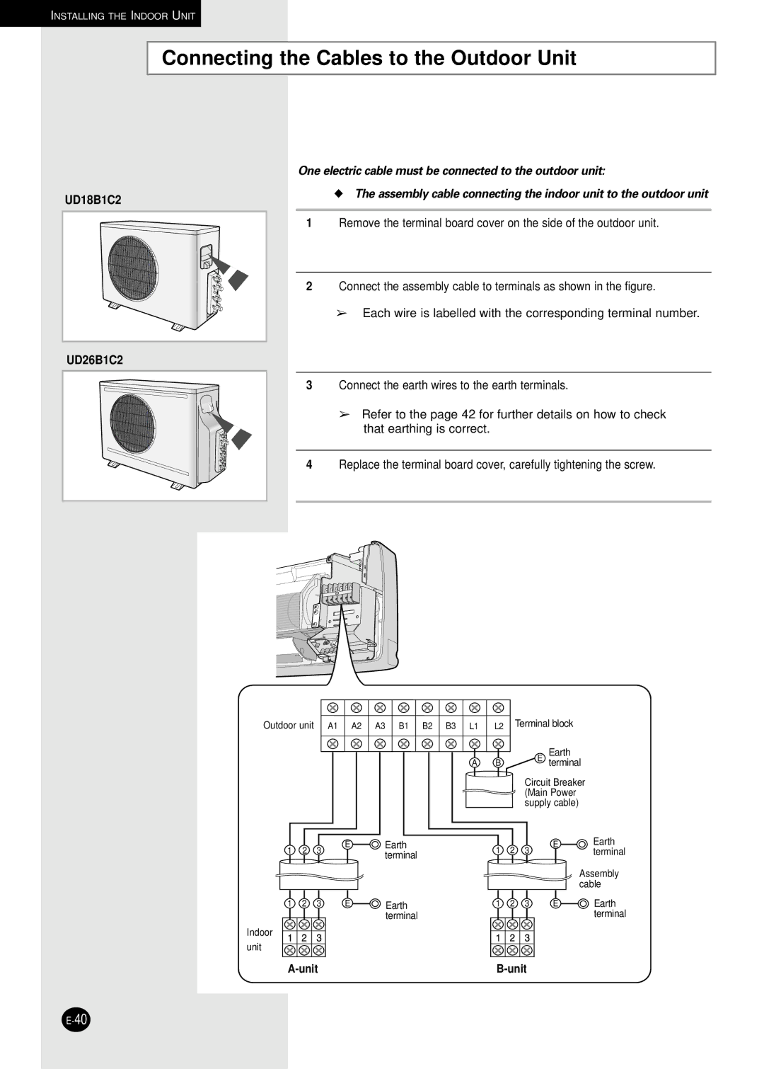 Samsung AD18B1C09 installation manual Connecting the Cables to the Outdoor Unit, UD26B1C2 