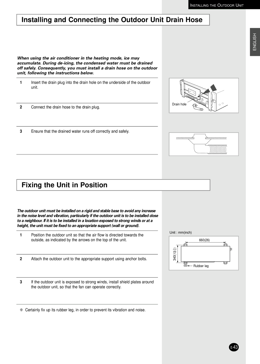 Samsung AD18B1C09 installation manual Installing and Connecting the Outdoor Unit Drain Hose, Fixing the Unit in Position 