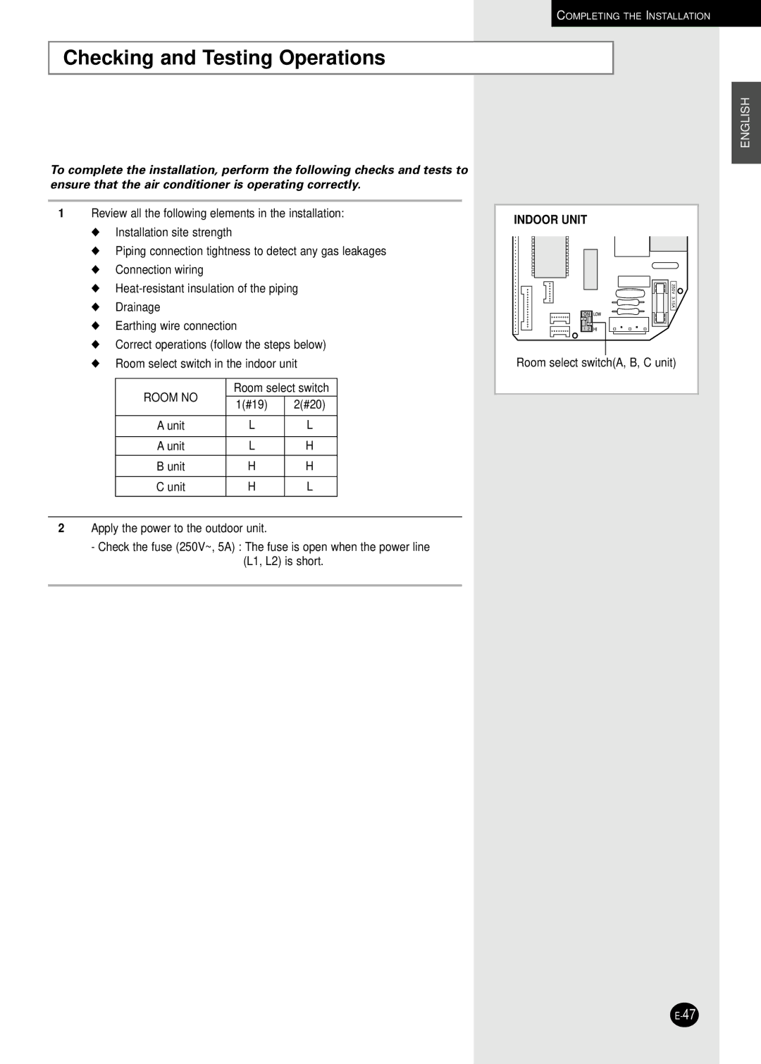 Samsung AD18B1C09 installation manual Checking and Testing Operations, Room no 