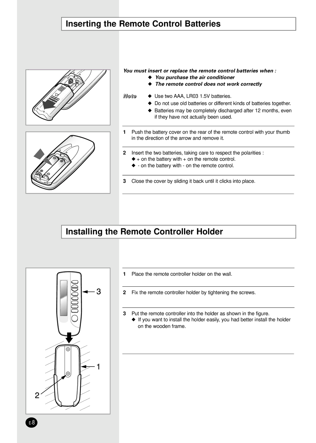 Samsung AD18B1C09 installation manual Inserting the Remote Control Batteries, Installing the Remote Controller Holder 