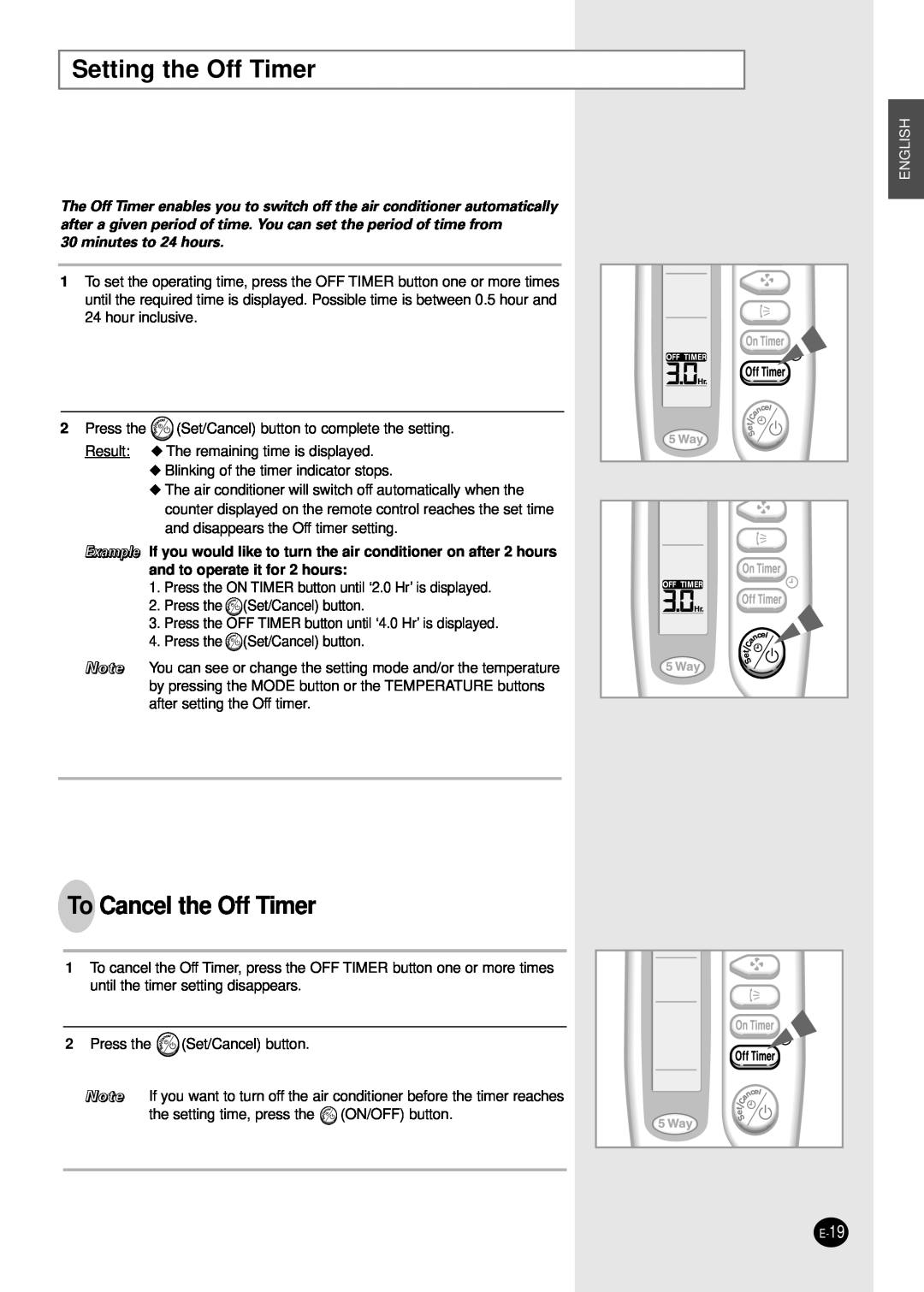 Samsung AD18B1C09 installation manual Setting the Off Timer, To Cancel the Off Timer, English, minutes to 24 hours 