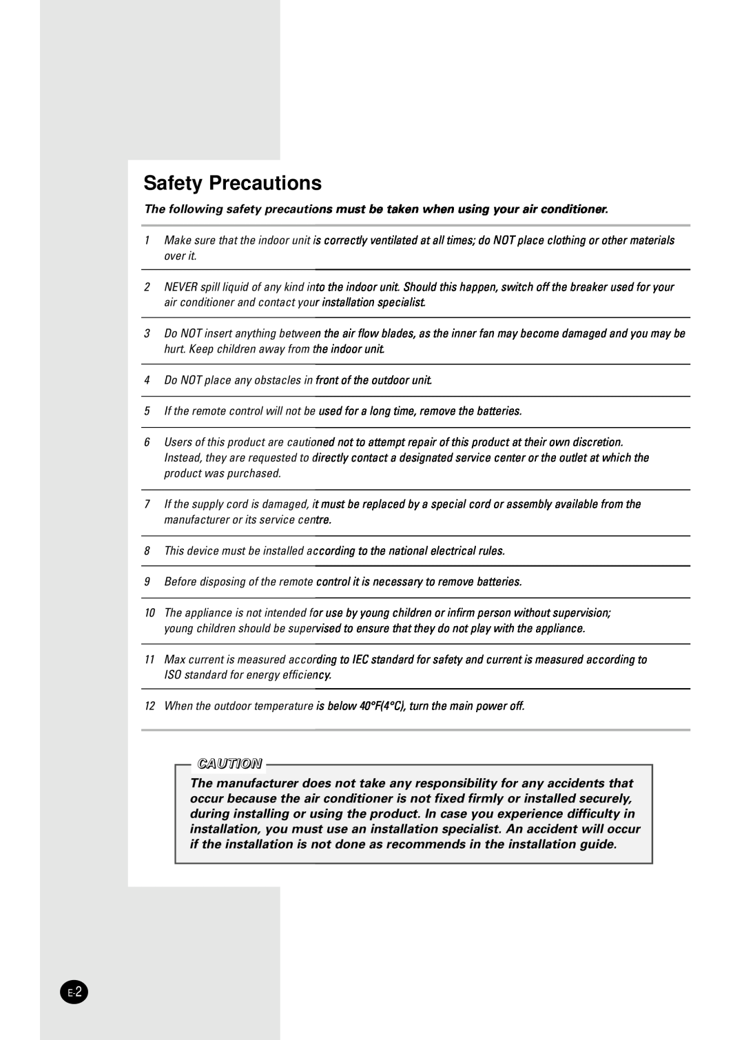 Samsung AD18B1C09 installation manual Safety Precautions 