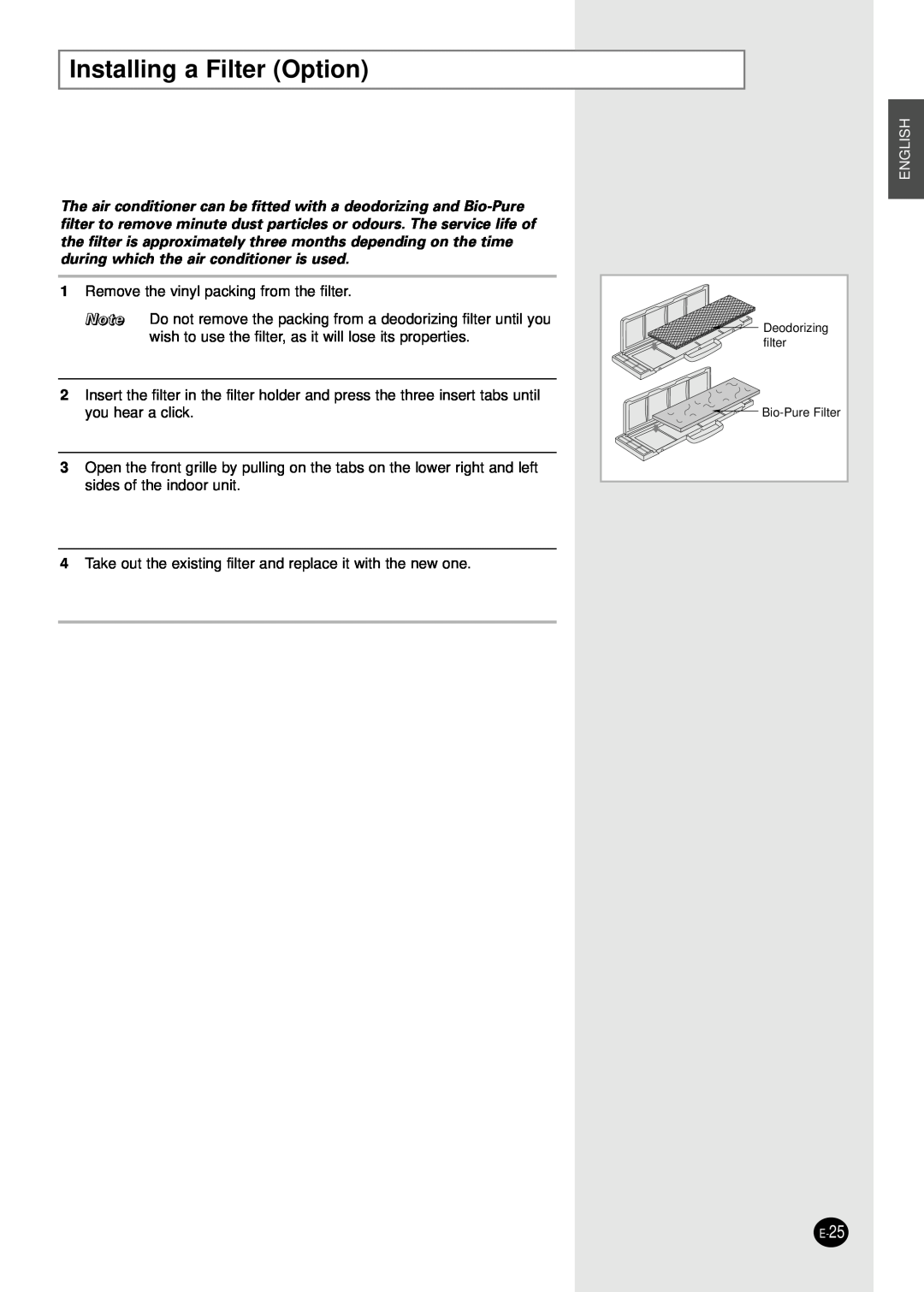 Samsung AD18B1C09 installation manual Installing a Filter Option, English 