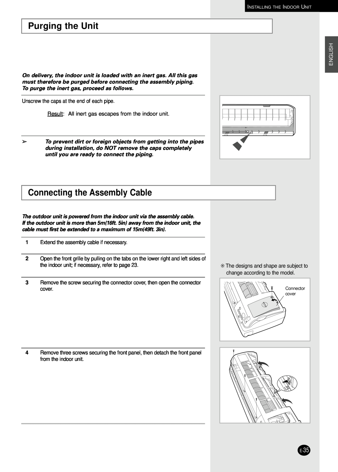 Samsung AD18B1C09 installation manual Purging the Unit, Connecting the Assembly Cable, English 