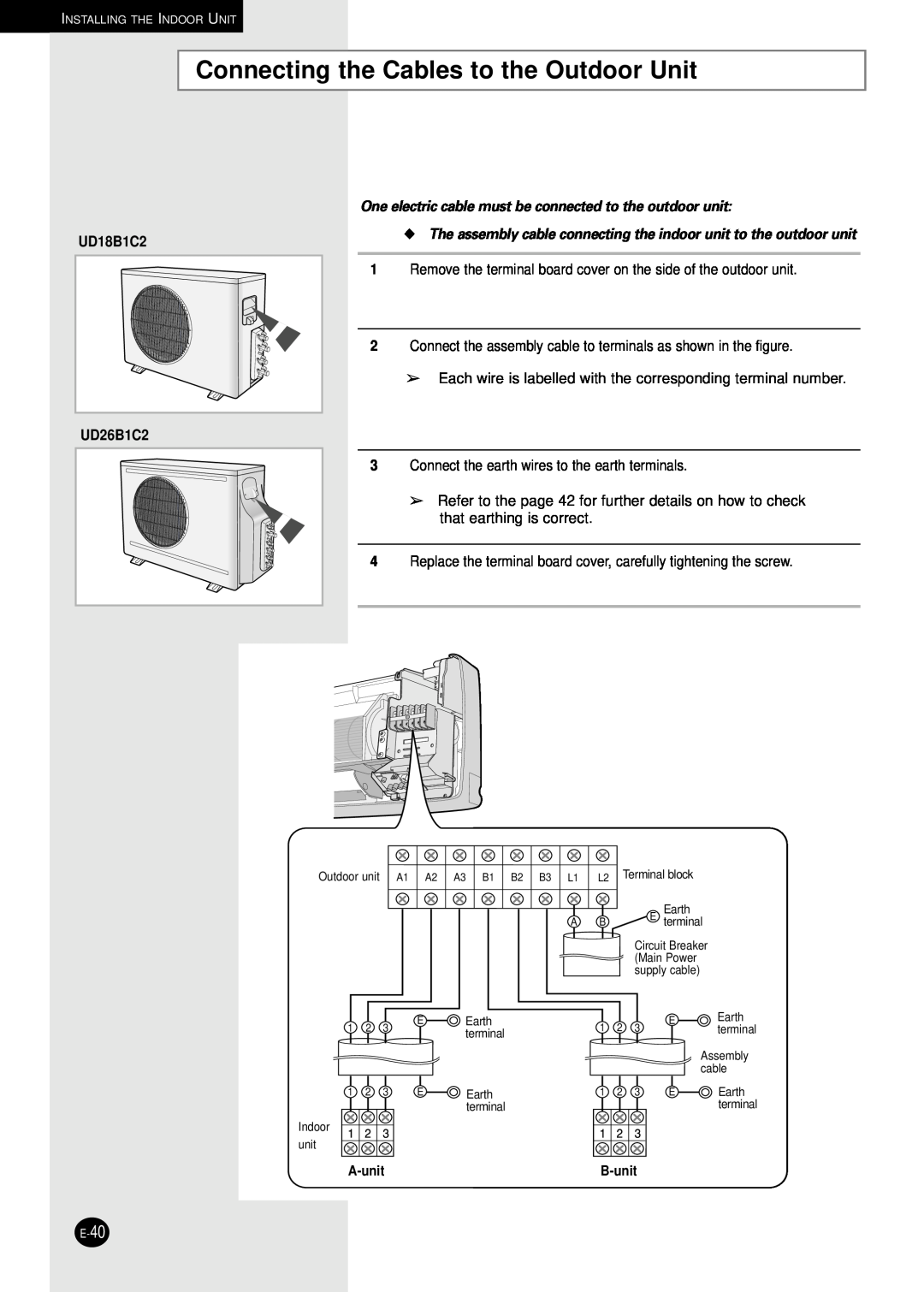 Samsung AD18B1C09 installation manual Connecting the Cables to the Outdoor Unit, UD26B1C2, A-unit, B-unit 