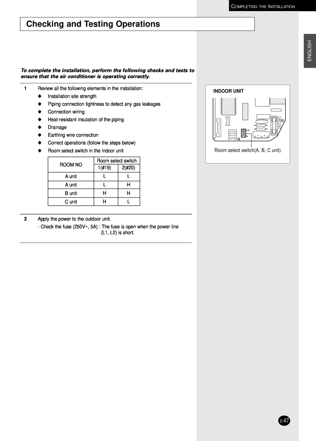 Samsung AD18B1C09 installation manual Checking and Testing Operations, English, Indoor Unit 