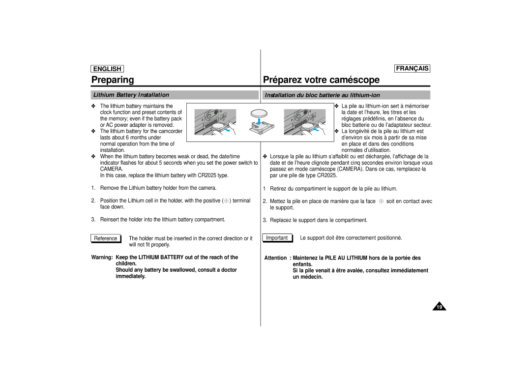 Samsung AD68-00400C manual Preparing, Pré parez votre camé scope, Lithium Battery Installation, Immediately Un mé decin 