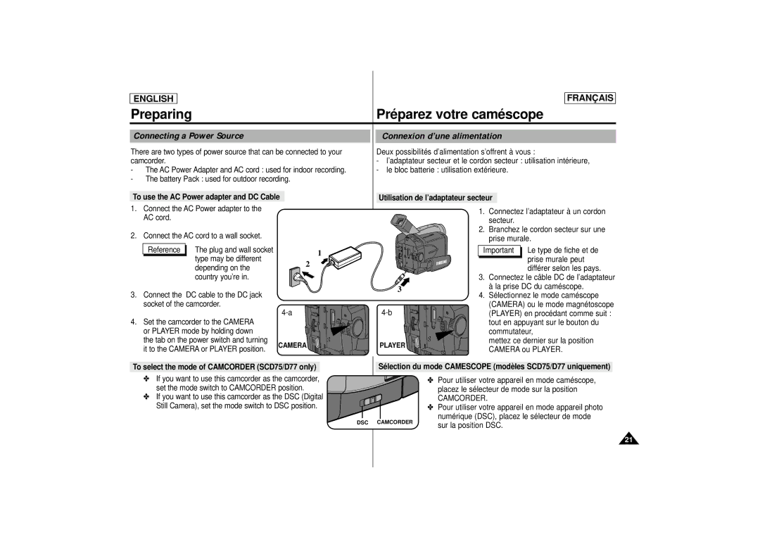 Samsung AD68-00400C manual Connecting a Power Source Connexion d’une alimentation, Camcorder 