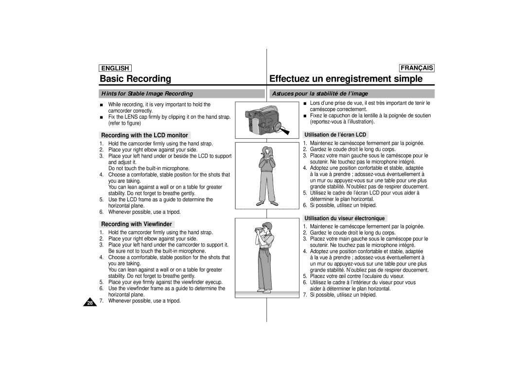 Samsung AD68-00400C manual Recording with the LCD monitor, Recording with Viewfinder, Utilisation de l’écran LCD 