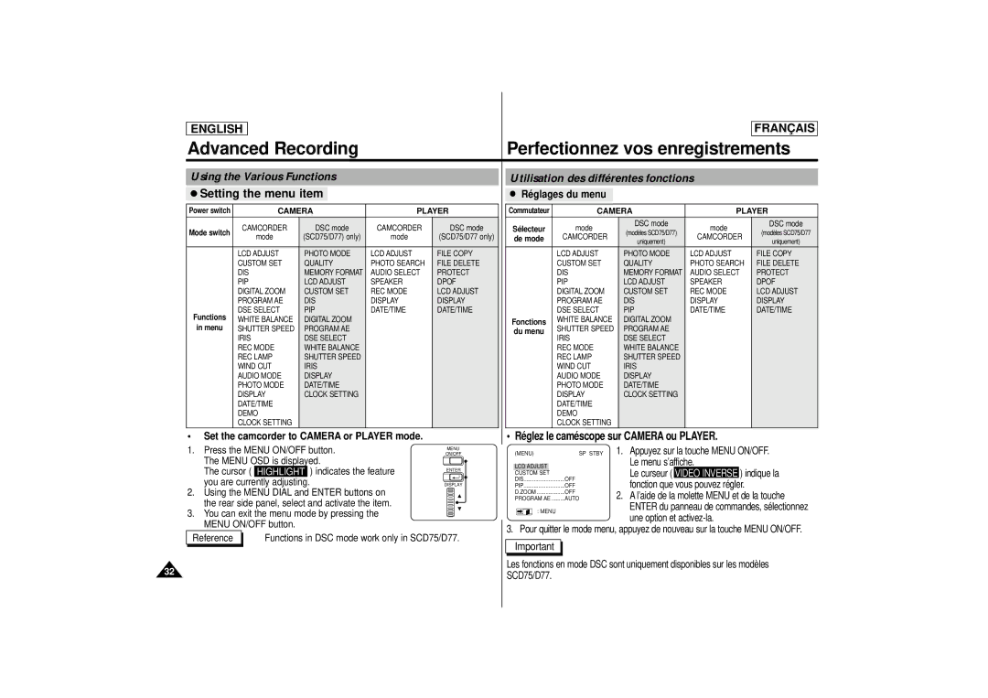 Samsung AD68-00400C manual Advanced Recording Perfectionnez vos enregistrements, Réglages du menu 