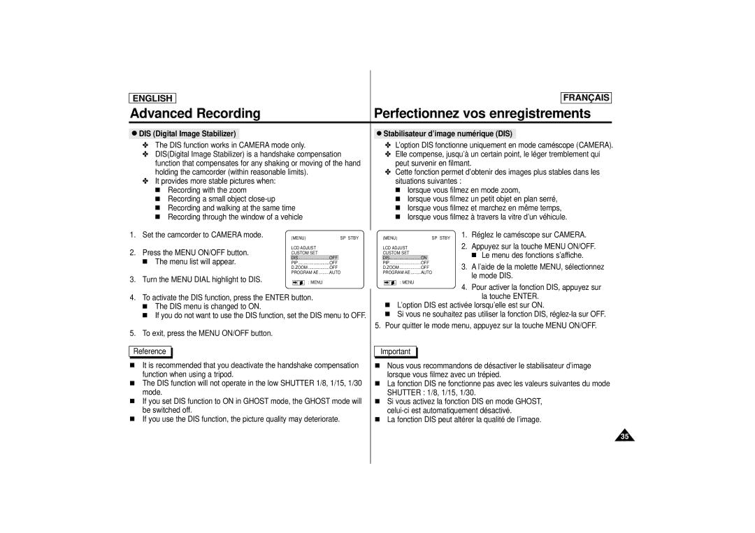 Samsung AD68-00400C manual DIS function works in Camera mode only 