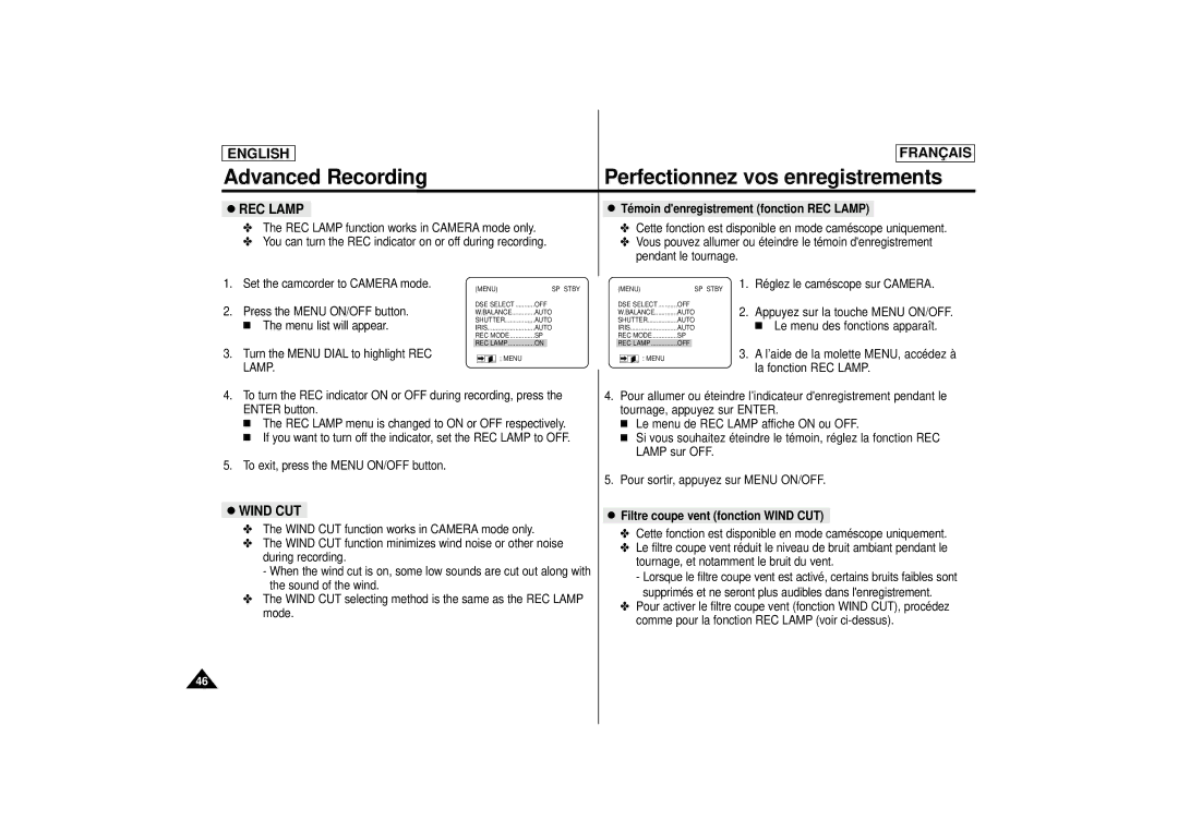 Samsung AD68-00400C manual REC Lamp, Filtre coupe vent fonction Wind CUT 