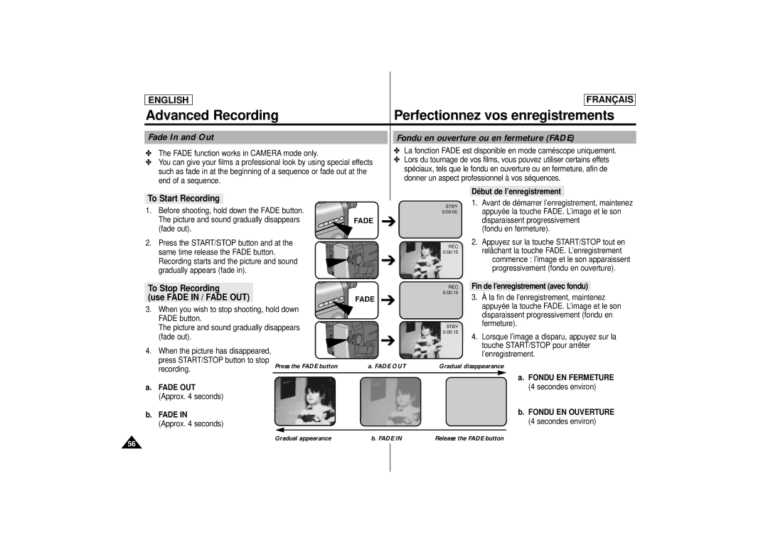 Samsung AD68-00400C manual Fade In and Out Fondu en ouverture ou en fermeture Fade, To Start Recording 